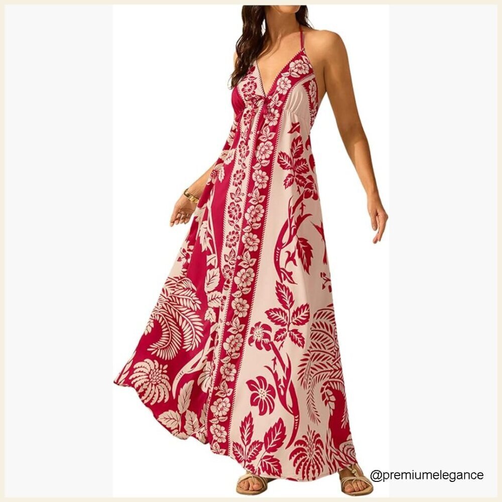 Summer Halter Maxi Dress Open Back Empire Waist Flowy Boho Sundress